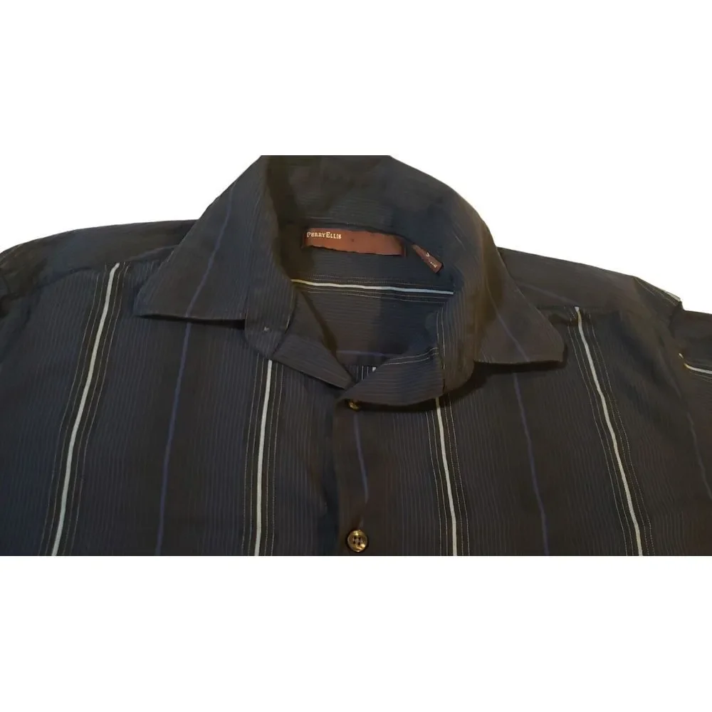 Perry Ellis Shirt Size S Button Up Long Sleeve‎ 100% Cotton Top Black W/ Stripes